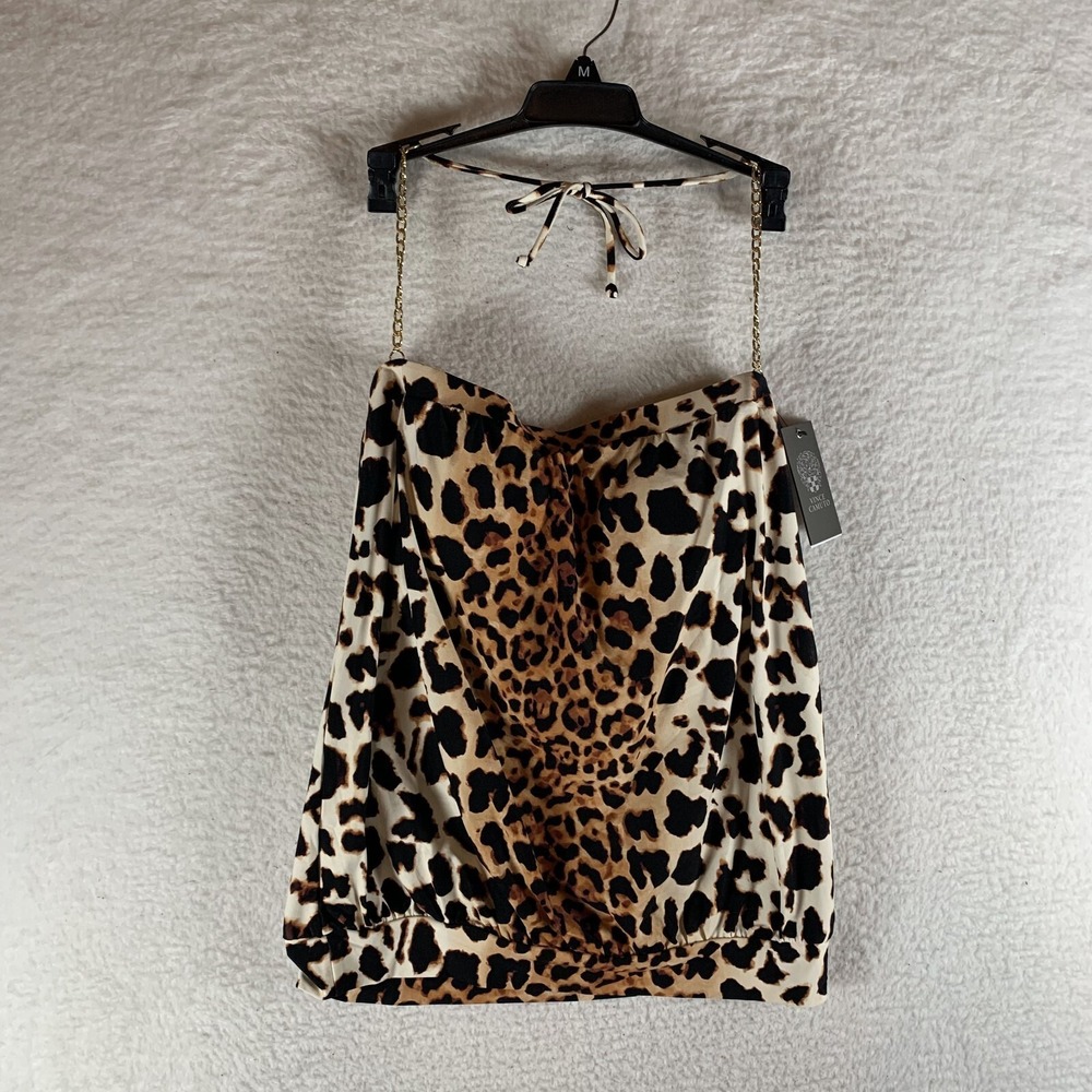 Vince Camuto Tankini Top Women's Medium Black Brown Leopard Print Chain Strap